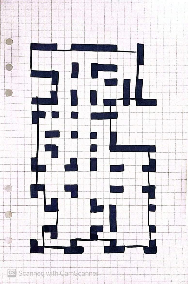 Hand-drawn architectural floor plan in marker on graph paper