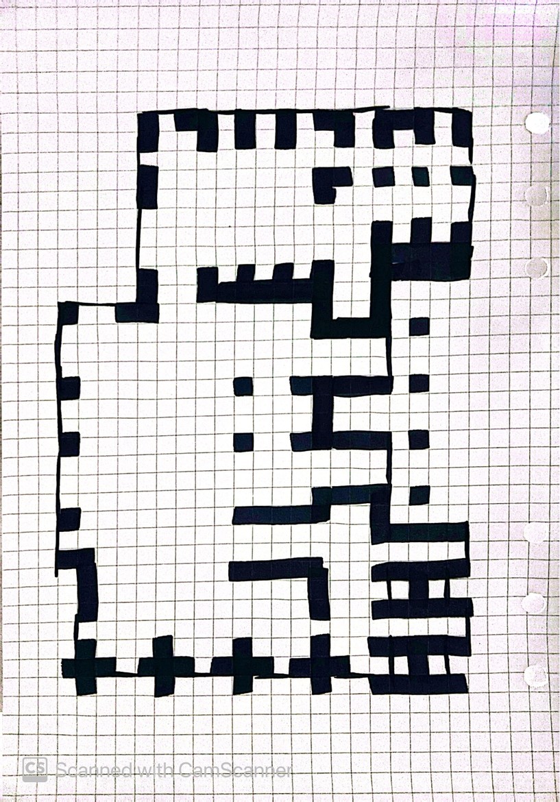 Hand-drawn architectural floor plan in marker on graph paper