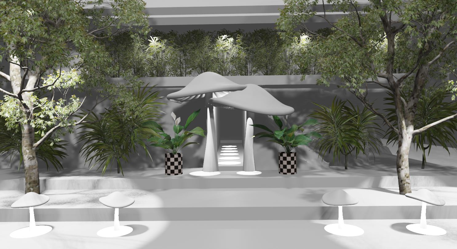 Interior courtyard with mushroom-shaped canopies and tropical plants