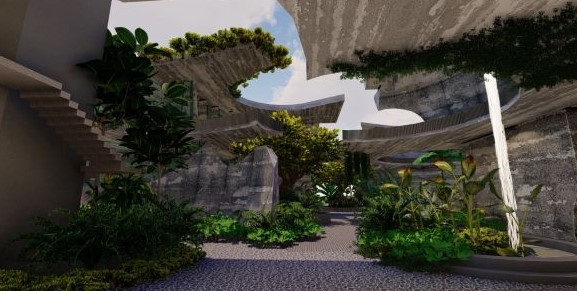 Sunken tropical courtyard garden with concrete overhangs and a pebbled floor
