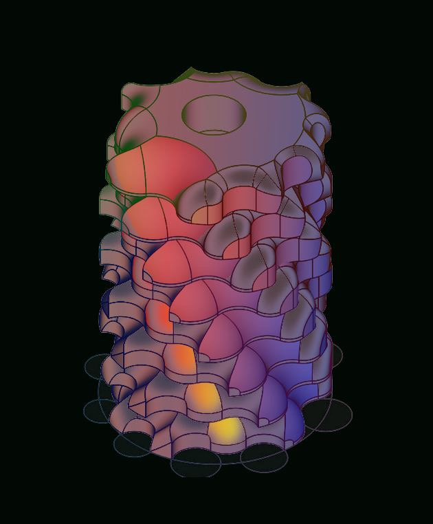 3D model of a cylindrical tower with a scalloped, shell-like facade and domed roof