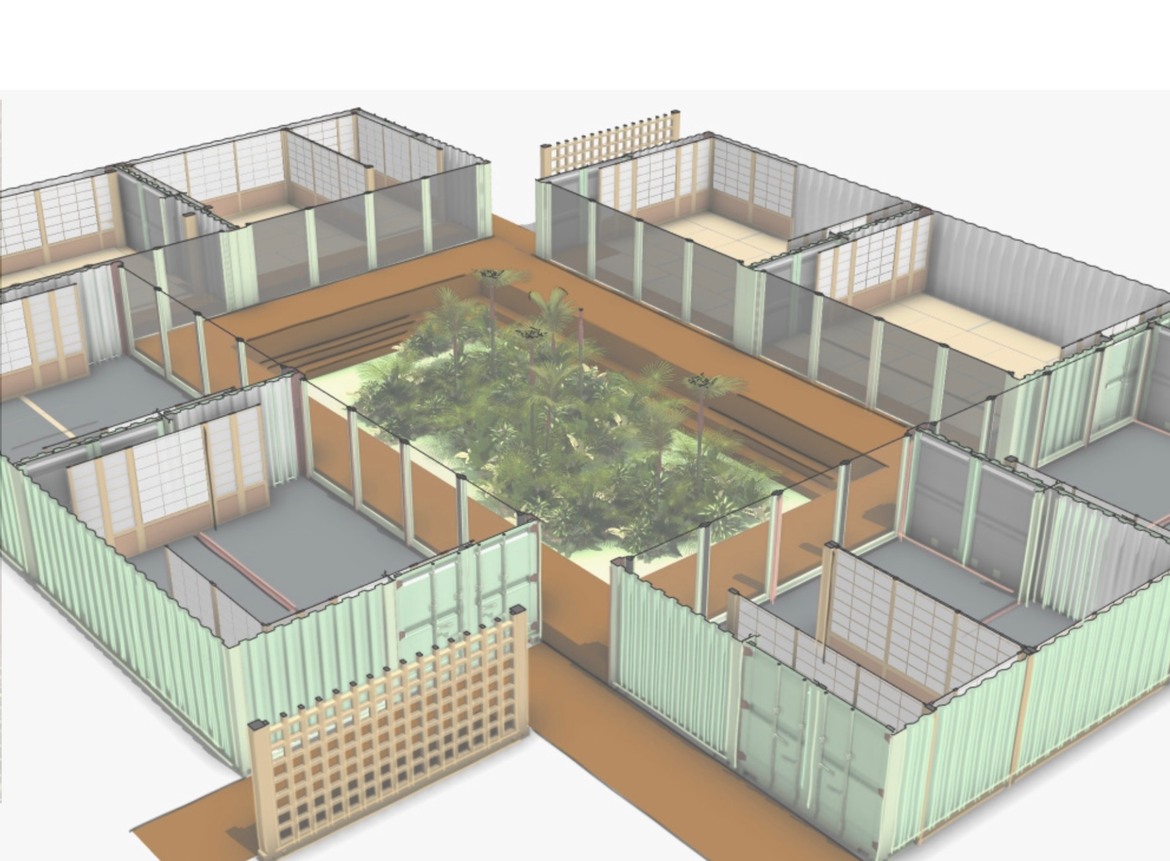 Rendering of single-story housing arranged around a central garden courtyard
