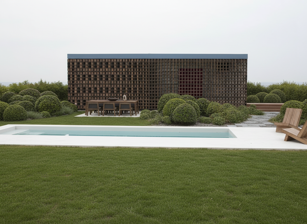 Long perforated-brick house behind a reflecting pool with trimmed shrubs and lawn