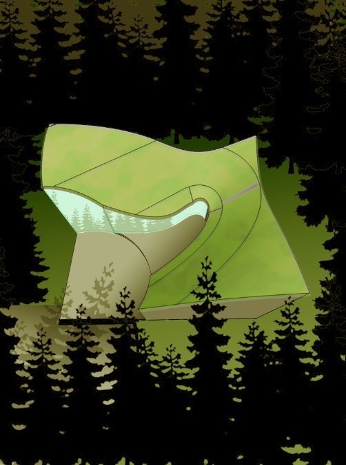 Illustration of a curved green-roofed house set into a dark pine forest