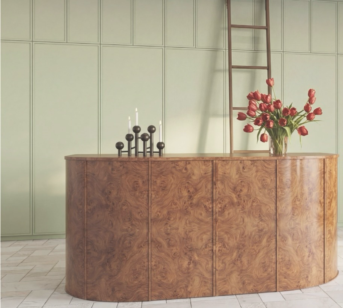 Burl wood sideboard with candlesticks and tulips