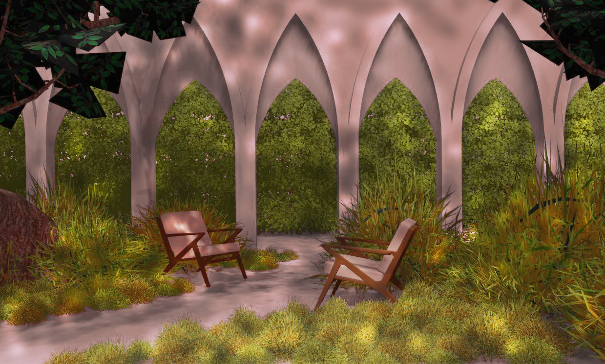 Outdoor garden seating area with a row of pointed Gothic-style arches and wooden chairs