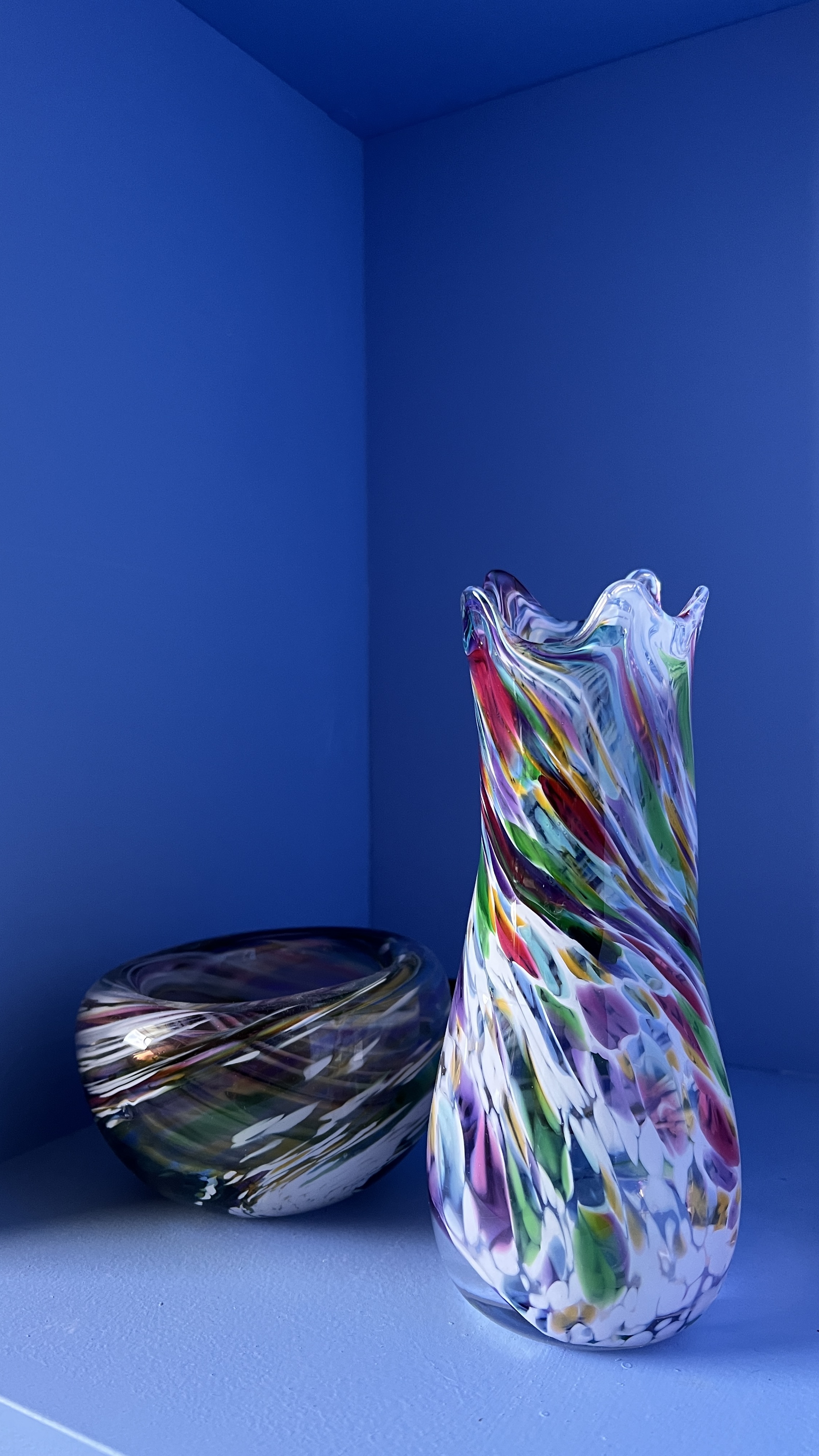 Multicolored hand-blown glass vase and bowl