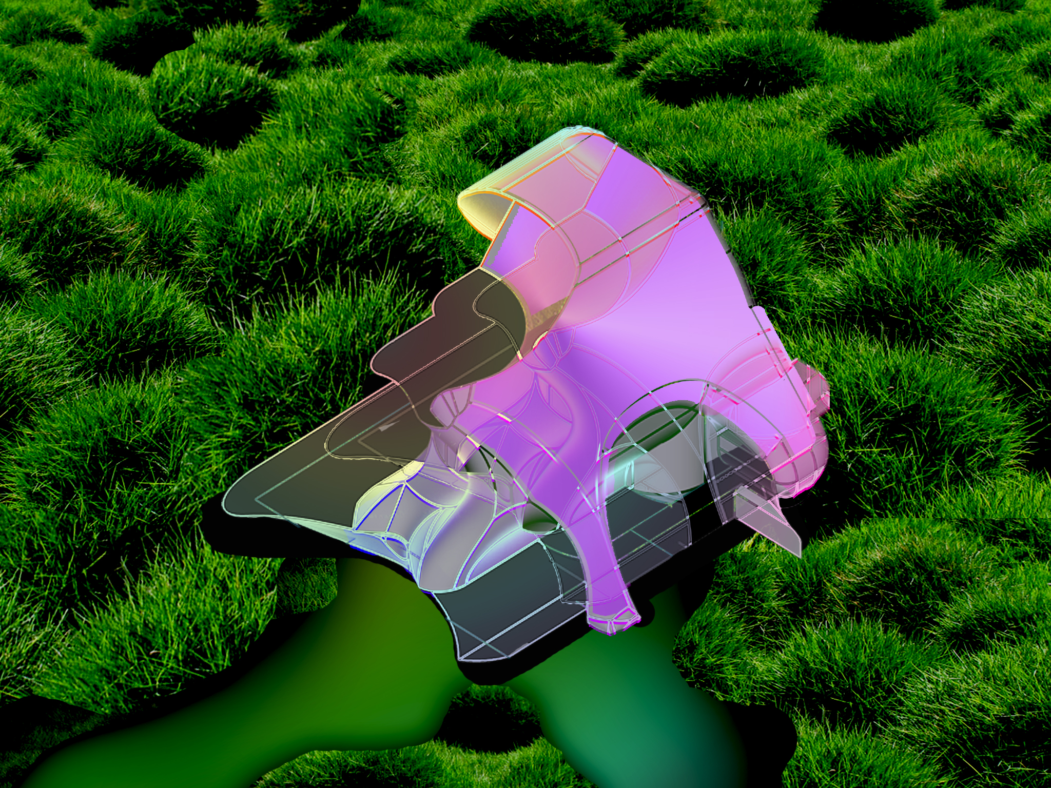 Angular translucent pink pavilion structure on a grassy field
