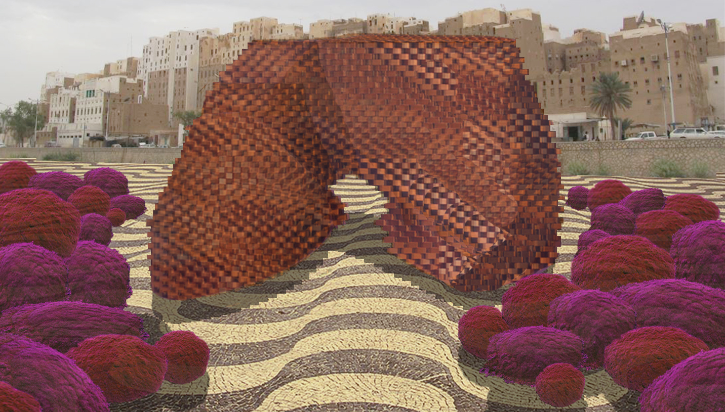 Rendering of a woven brick arch pavilion on a patterned plaza